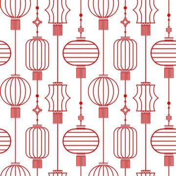 A continuous design featuring Chinese paper lanterns and lucky knots, reflecting Stock Illustration