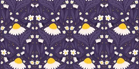 Continuous design featuring a daisy motif in midnight purple hue. Repeated Stock Illustration
