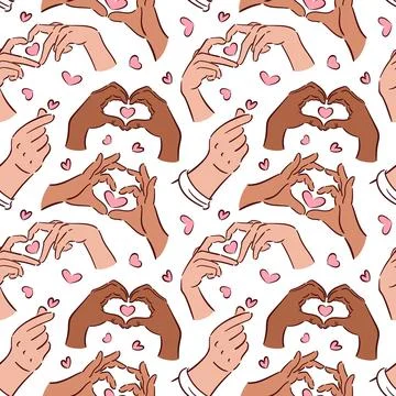 A continuous design featuring hand gestures symbolizing love, particularly th Stock Illustration