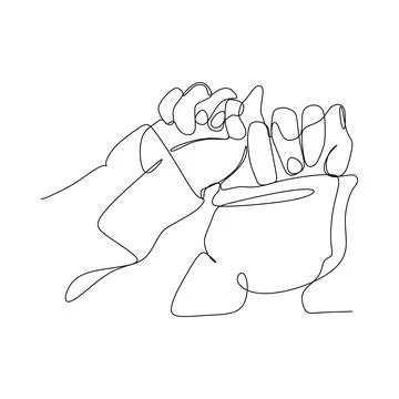 Continuous drawing of hands hold on the little Pinky finger. Simple one line  Stock Illustration