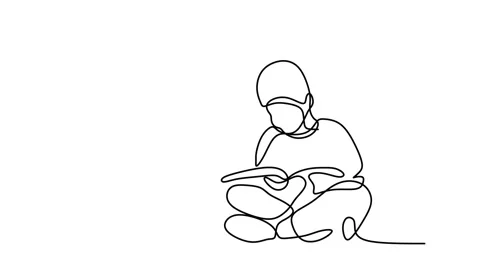Continuous drawing line art of children read book with black line and white b Stock Footage 157039013