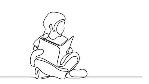 Continuous drawing line art of children read book with black line and white b Stock Footage 157039063