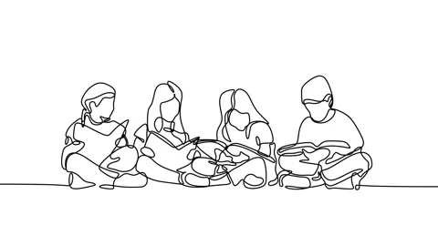 Continuous drawing line art of children read book with black line and white b Stock Footage 157039552