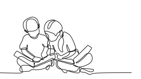 Continuous drawing line art of children read book with black line and white b Stock Footage 157039728