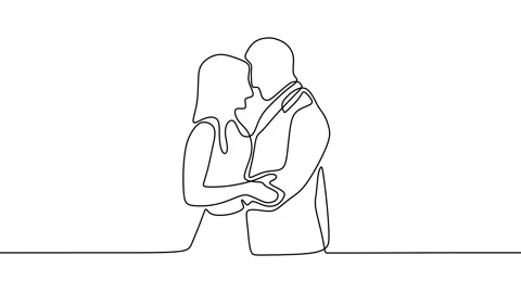 Continuous drawing line art of couple in love with black line and white backg Stock Footage 157064611