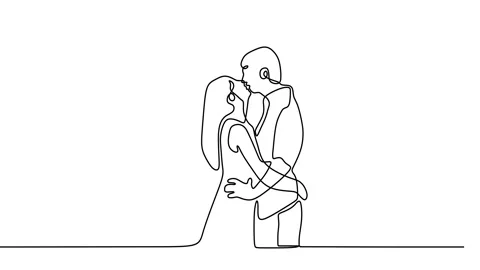 Continuous drawing line art of couple kissing with black line and white backg Stock Footage 157067034