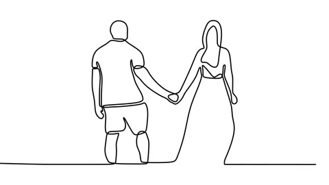 Continuous drawing line art of couple hold hand with black line and white bac Stock Footage 157069956