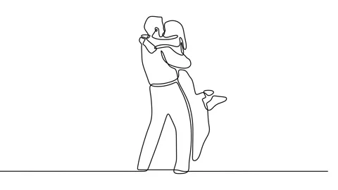 Continuous drawing line art of couple kissing with black line and white backg Stock Footage 157071323