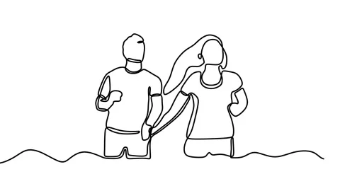 Continuous drawing line art of couple hold hand with black line and white bac Stock Footage 158127853
