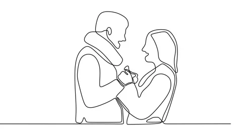 Continuous drawing line art of couple hold hand with black line and white bac Stock Footage 158132864