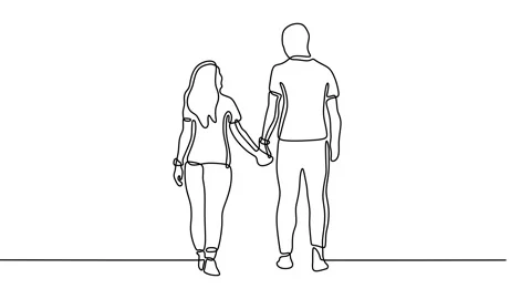 Continuous drawing line art of couple hold hand with black line and white bac Vidéo 158132921