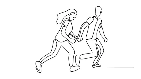 Continuous drawing line art of couple hold hand with black line and white bac Stock Footage 158132956