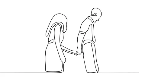 Continuous drawing line art of couple hold hand with black line and white bac Stock Footage 158137794