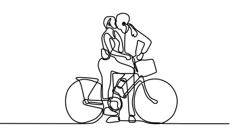 Continuous drawing line art of couple cycling together with black line and wh Stock Footage 158142435