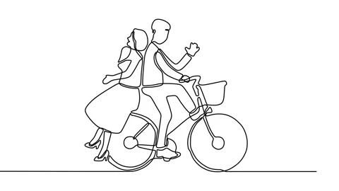 Continuous drawing line art of couple cycling together with black line and wh Stock Footage 158142869