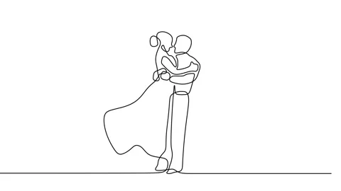 Continuous drawing line art of dancing couple with black line and white backg Stock Footage 157061679