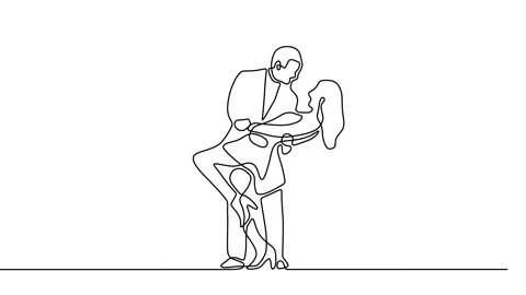 Continuous drawing line art of dancing couple with black line and white backg Stock Footage 157061966