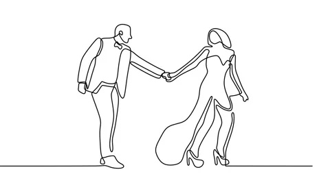 Continuous drawing line art of dancing couple with black line and white backg Stock Footage 157062429