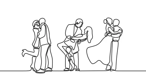 Continuous drawing line art of dancing couple and kissing with black line and Vidéo 157063356