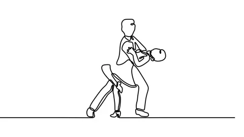 Continuous drawing line art of dancing couple with black line and white backg Stock Footage 158120837