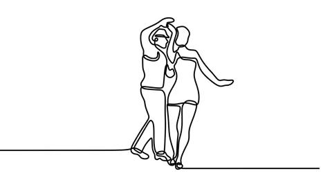 Continuous drawing line art of dancing couple with black line and white backg Stock Footage 158120844