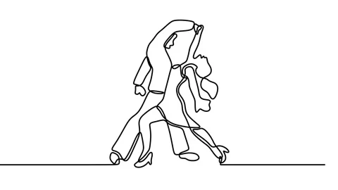 Continuous drawing line art of dancing couple with black line and white backg Stock Footage 158120869