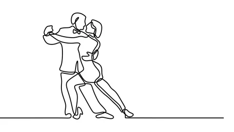 Continuous drawing line art of dancing couple with black line and white backg Stock Footage 158120873