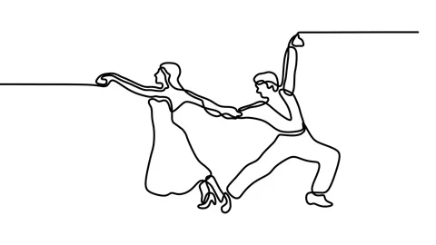 Continuous drawing line art of dancing couple with black line and white backg Stock Footage 158122364