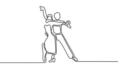 Continuous drawing line art of dancing couple with black line and white backg Stock Footage 158122566
