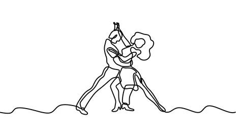 Continuous drawing line art of dancing couple with black line and white backg Stock Footage 158122635