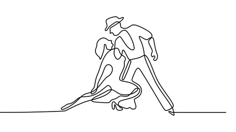 Continuous drawing line art of dancing couple with black line and white backg Stock Footage 158122704