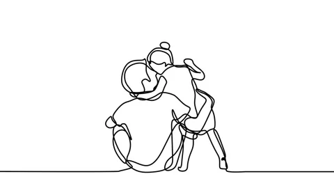 Continuous drawing line art of father daughter with black line and white back Stock Footage 157051628
