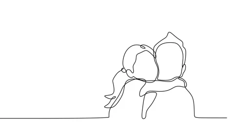 Continuous drawing line art of father daughter with black line and white back Stock Footage 157053162