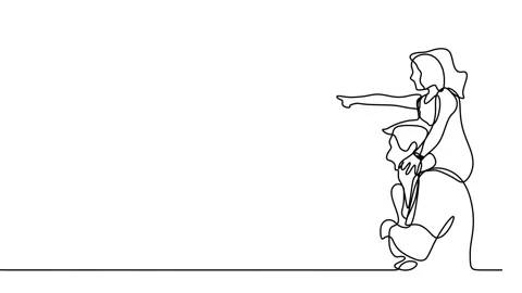 Continuous drawing line art of father daughter with black line and white back Stock Footage 157054323