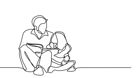 Continuous drawing line art of father daughter with black line and white back Stock Footage 157055805