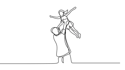 Continuous drawing line art of father daughter with black line and white back Stock Footage 157056521