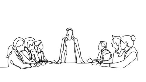 Continuous drawing line art of group discussion at work with black line and w Stock Footage 157041503