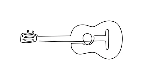 Continuous drawing line art of guitar instrument with black line and white ba Stock Footage 169497054