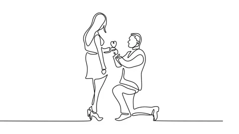 Continuous drawing line art of guy propose girl with black line and white bac Stock Footage 158113763