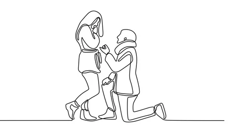 Continuous drawing line art of guy propose girl with black line and white bac Stock Footage 158124403