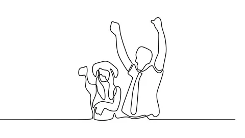Continuous drawing line art of happy couple with black line and white backgro Stock Footage 157069963