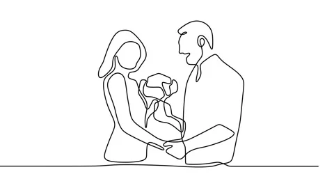 Continuous drawing line art of happy family with black line and white backgro Vidéo 157074683