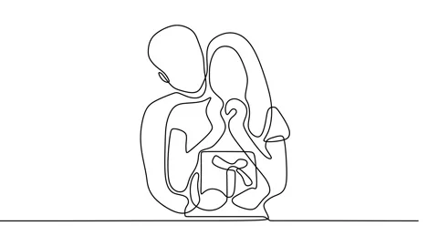 Continuous drawing line art of man surprise girl with black line and white ba Stock Footage 158138595