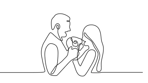 Continuous drawing line art of romantic couple with black line and white back Stock Footage 157072765