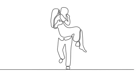 Continuous drawing line art of romantic couple with black line and white back Stock Footage 157073798