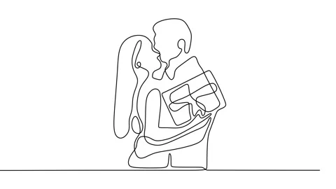Continuous drawing line art of romantic couple with black line and white back Stock Footage 157074109