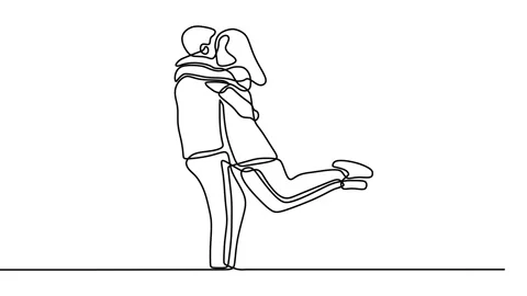 Continuous drawing line art of romantic couple with black line and white back Stock Footage 158126035