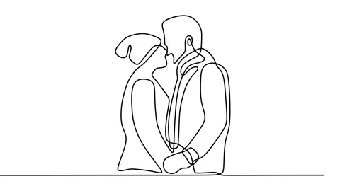 Continuous drawing line art of romantic couple with black line and white back Stock Footage 158126360