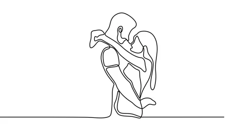 Continuous drawing line art of romantic couple with black line and white back Stock Footage 158131471