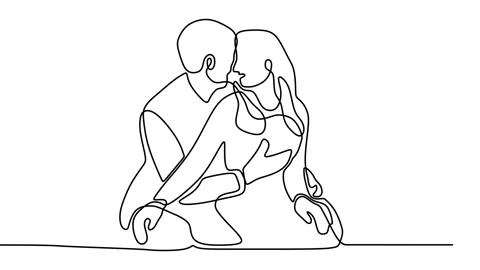Continuous drawing line art of romantic couple with black line and white back Stock Footage 158131598